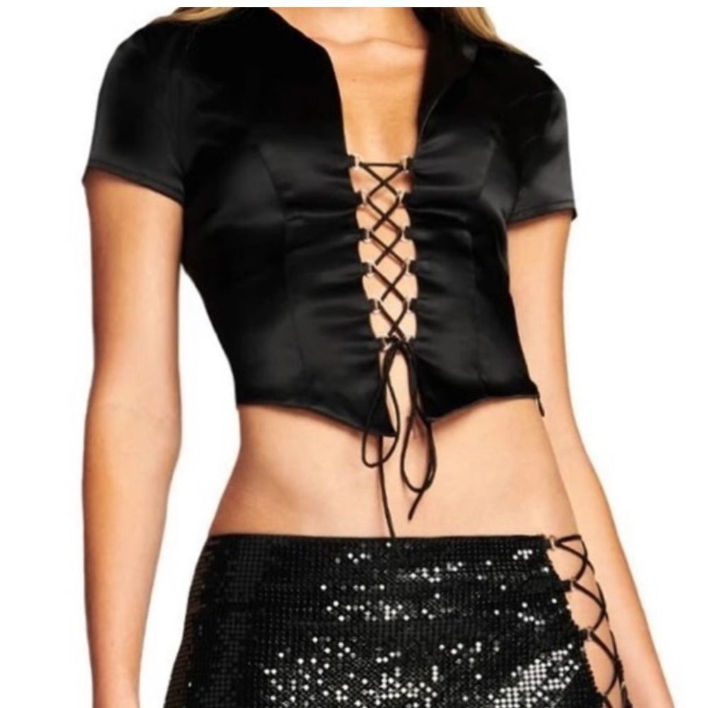 I.AM.GIA Alyona Black Satin Lace Up Top Size Small
